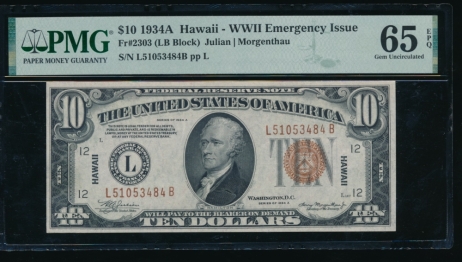 Fr. 2303 1934A $10  Hawaii  PMG 65EPQ L51053484B