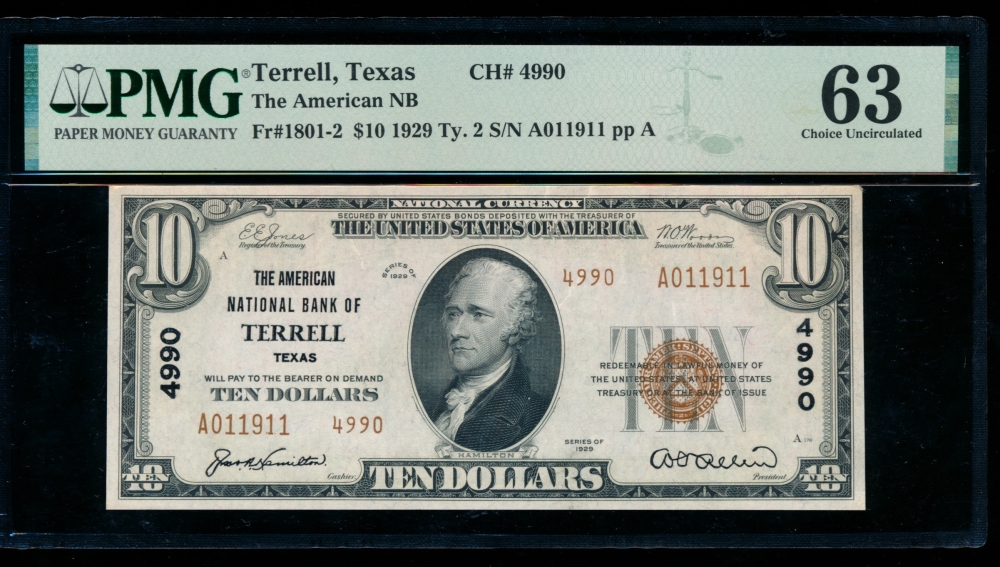 Fr. 1801-2 1929 $10  National: Type II Ch #4990 The American National Bank of Terrell, Texas PMG 63 A011911