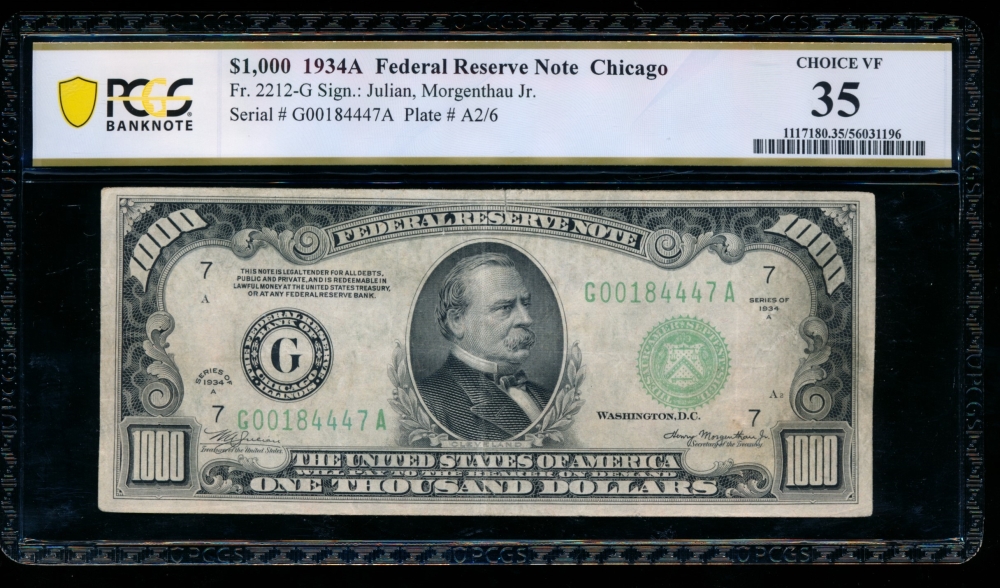 Fr. 2212-G 1934A $1,000  Federal Reserve Note Chicago PCGS 35 comment G00184447A