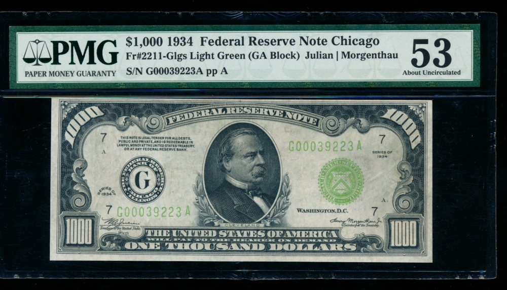 Fr. 2211-G 1934 $1,000  Federal Reserve Note Chicago LGS PMG 53 comment G00039223A