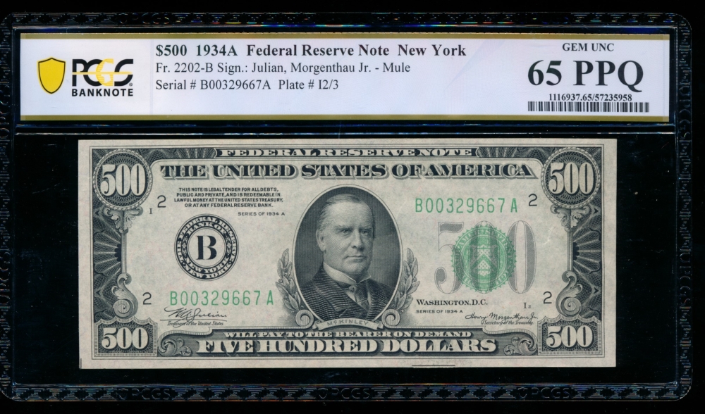 Fr. 2202-B 1934A $500  Federal Reserve Note New York PCGS 65PPQ B00329667A
