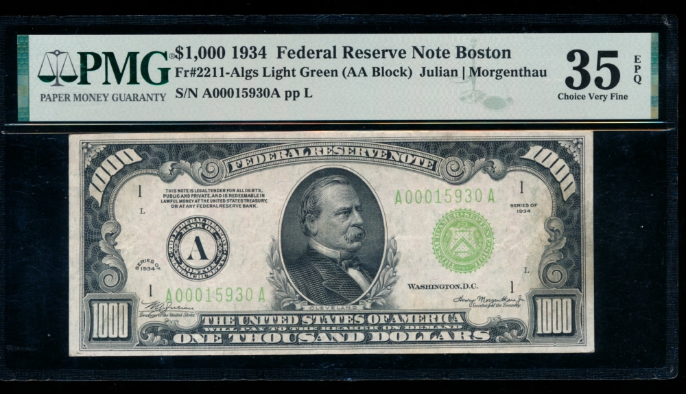 Fr. 2211-A 1934 $1,000  Federal Reserve Note Boston LGS PMG 35EPQ A00015930A