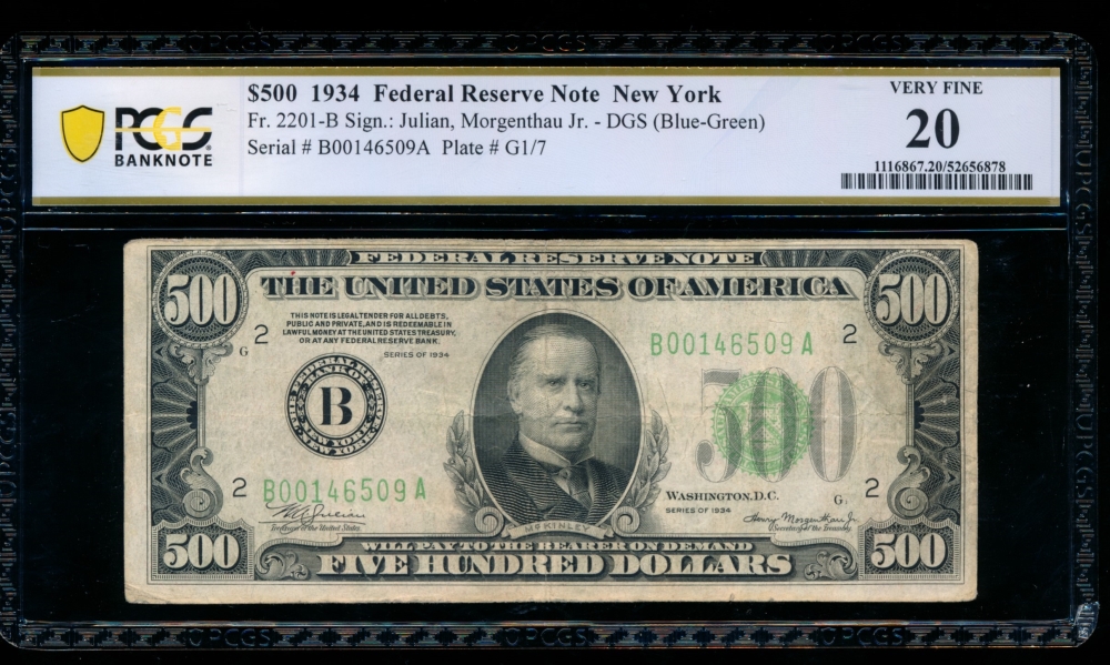 Fr. 2201-B 1934 $500  Federal Reserve Note New York PCGS 20 B00146509A