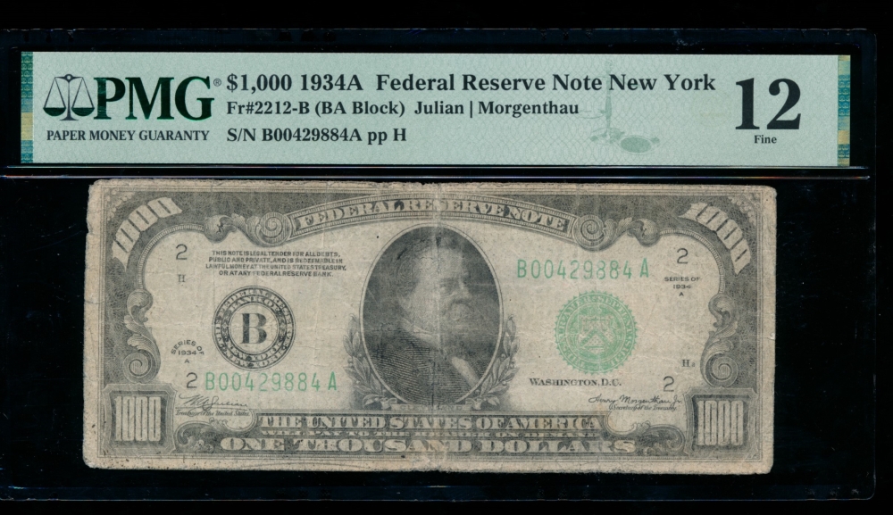 Fr. 2212-B 1934A $1,000  Federal Reserve Note New York PMG 12 B00429884A