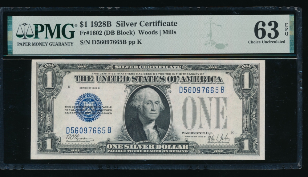 Fr. 1602 1928B $1  Silver Certificate DB block PMG 63EPQ D56097665B