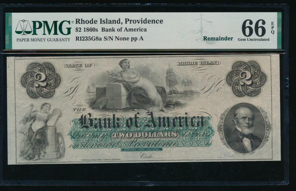 Fr. RI-235 G8a 1860s $2  Obsolete Bank of America, Rhode Island PMG 66EPQ no serial number