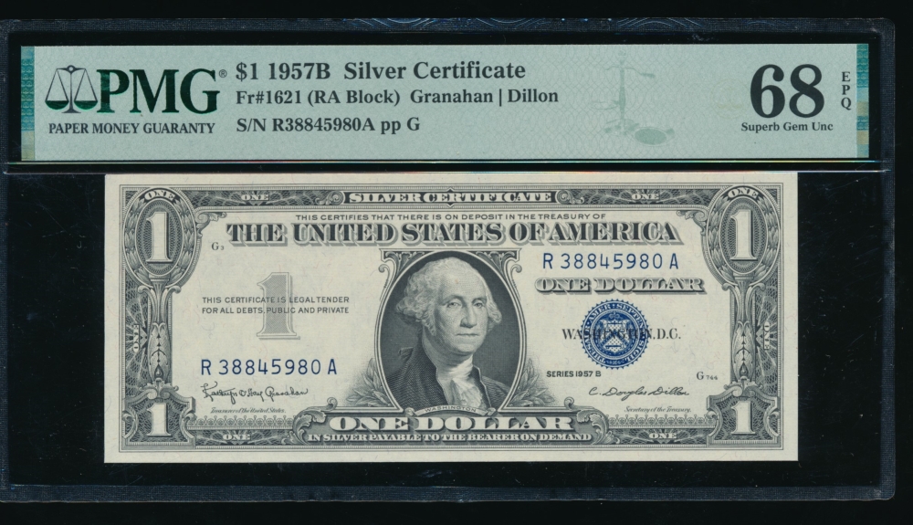 Fr. 1621 1957B $1  Silver Certificate RA block PMG 68EPQ R38845980A