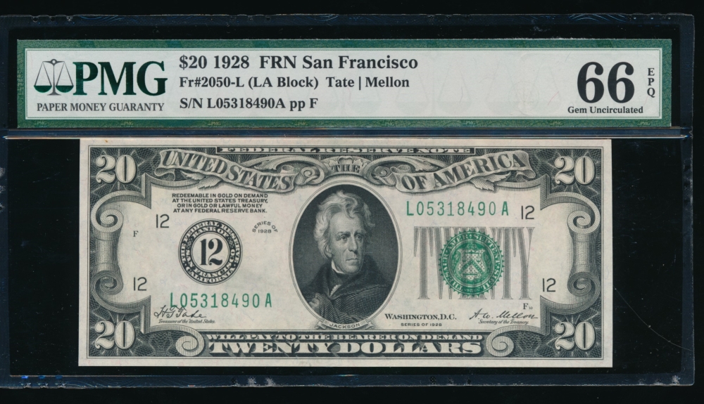 Fr. 2050-L 1928 $20  Federal Reserve Note San Francisco PMG 66EPQ L05318490A