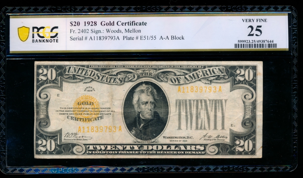 Fr. 2402 1928 $20  Gold Certificate  PCGS 25 A11839793A