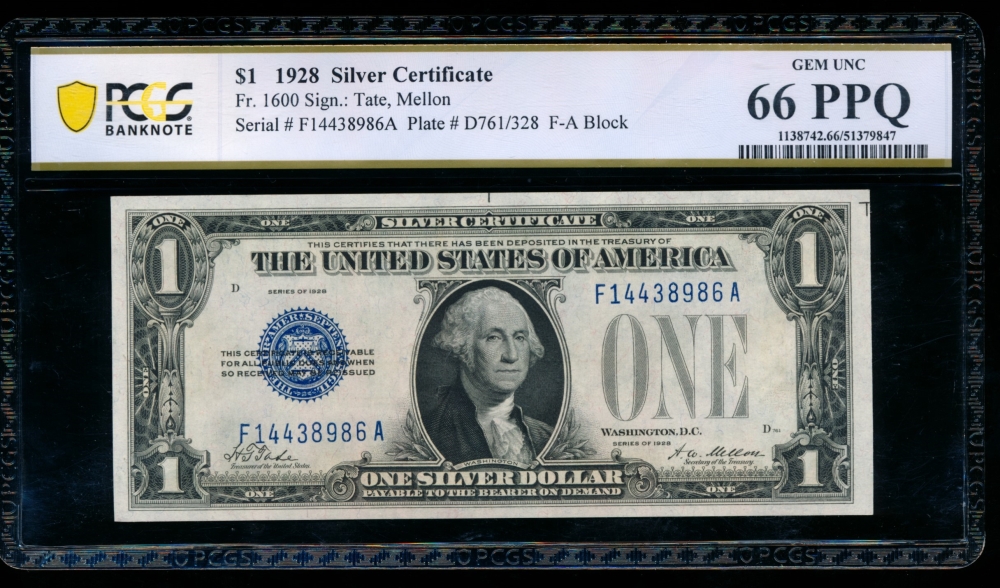 Fr. 1600 1928 $1  Silver Certificate FA block PCGS 66PPQ F14438986A
