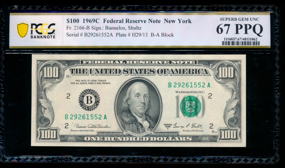 Fr. 2166-B 1969C $100  Federal Reserve Note New York PCGS 67PPQ B27261552A