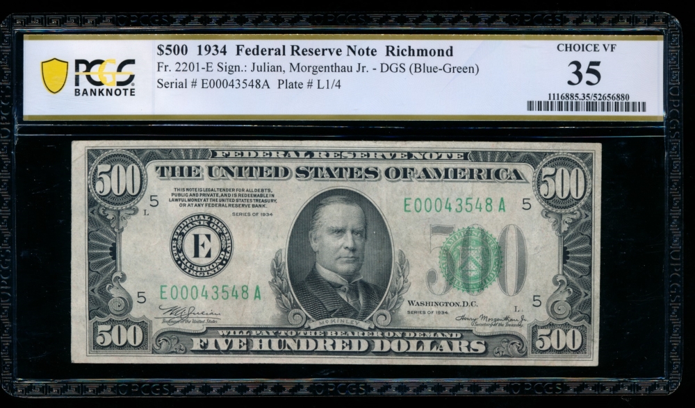 Fr. 2201-E 1934 $500  Federal Reserve Note RIchmond PCGS 35 comment E00043548A