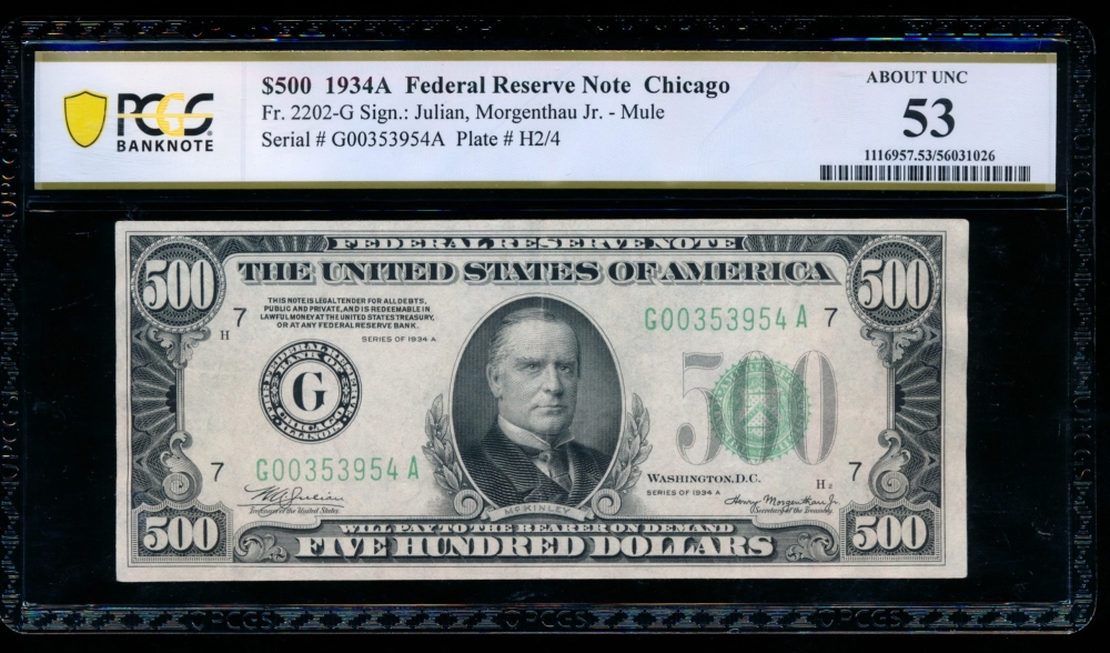 Fr. 2202-G 1934A $500  Federal Reserve Note Chicago PCGS 53 comment G00353954A