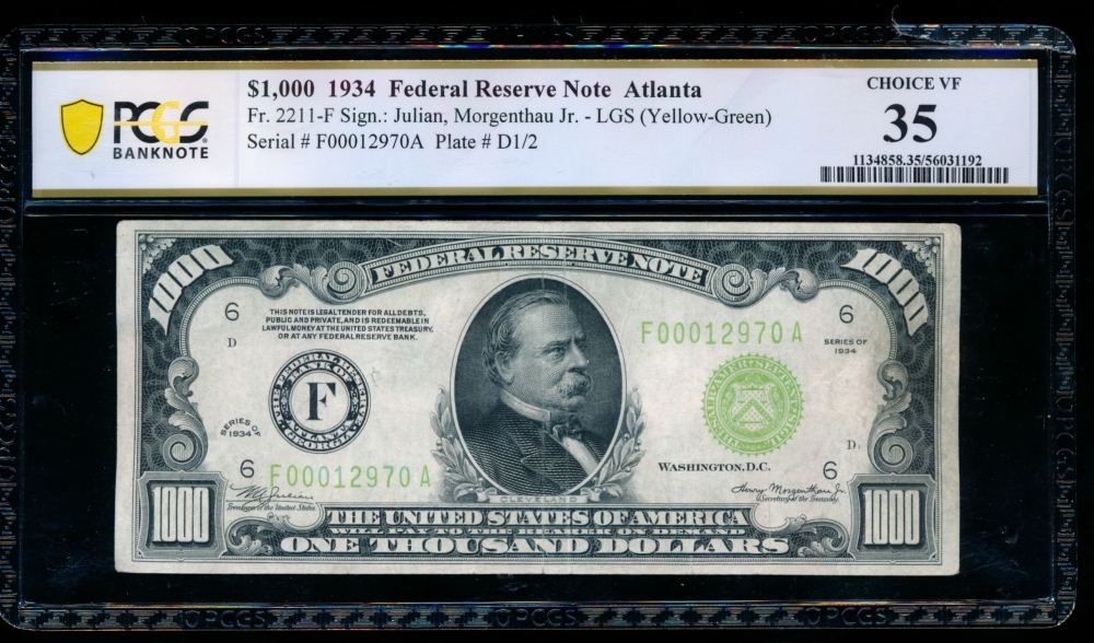 Fr. 2211-F 1934 $1,000  Federal Reserve Note Atlanta LGS PCGS 35 comment F00012970A