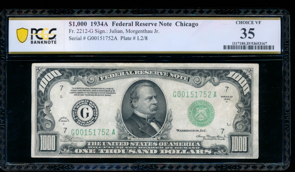 Fr. 2212-G 1934A $1,000  Federal Reserve Note Chicago PCGS 35 G00151752A