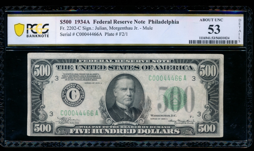 Fr. 2202-C 1934A $500  Federal Reserve Note Philadelphia PCGS 53 details C00044466A