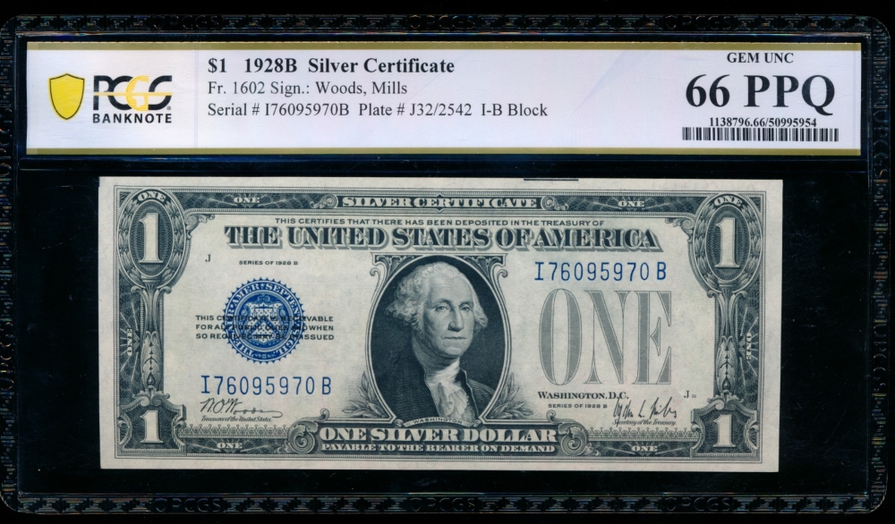 Fr. 1602 1928B $1  Silver Certificate IB block PCGS 66PPQ I76095970B