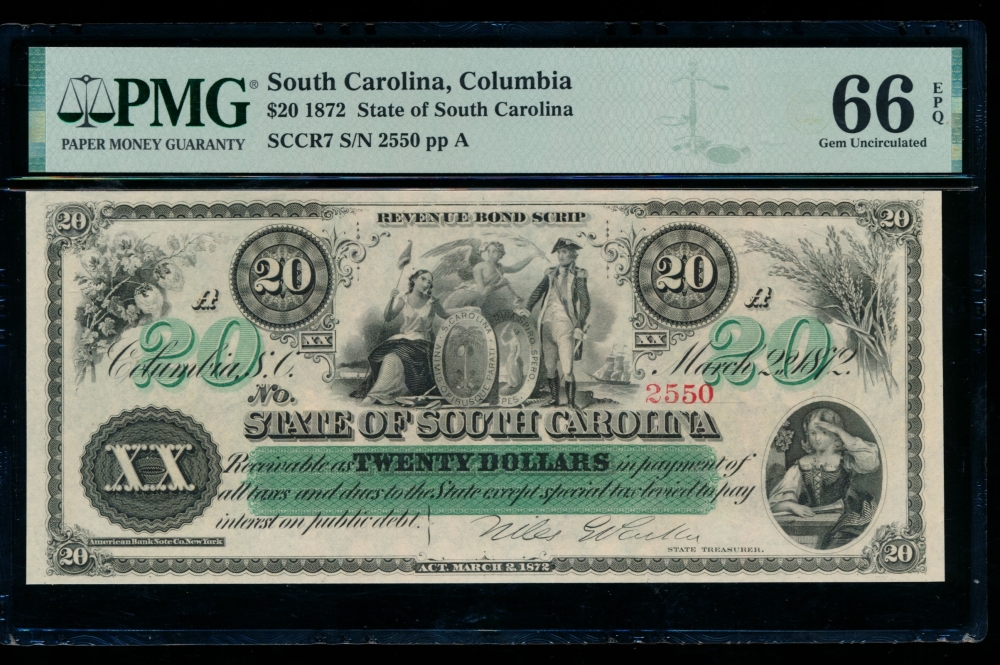 Fr. Cr SC-7 1872 $20  Obsolete State of South Carolina, Columbia, SC PMG 66EPQ 2550