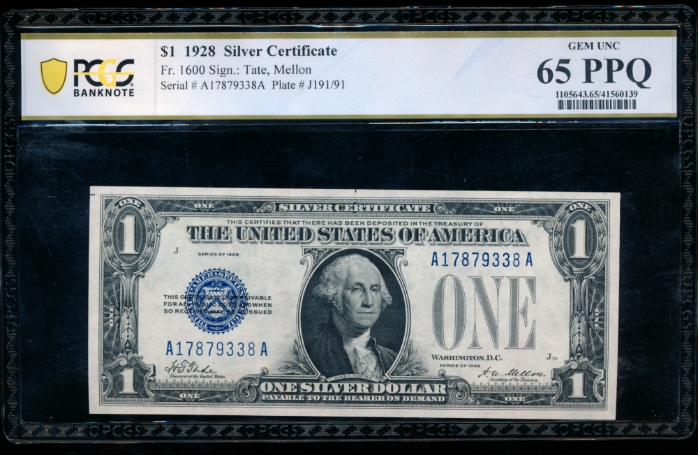 Fr. 1600 1928 $1  Silver Certificate AA block PCGS 65PPQ A17879338A