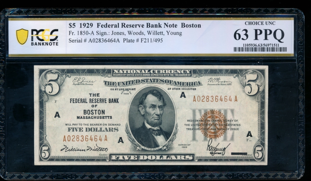 Fr. 1850-A 1928 $5  FRBN Boston  PCGS 63PPQ A02836464A
