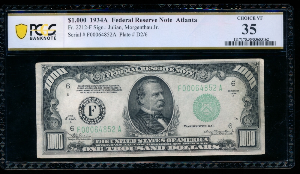 Fr. 2212-F 1934A $1,000  Federal Reserve Note Atlanta PCGS 35 comment F00064852A