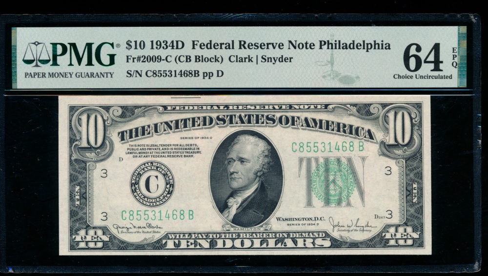 Fr. 2009-C 1934D $10  Federal Reserve Note Philadelphia PMG 64EPQ C85531468B