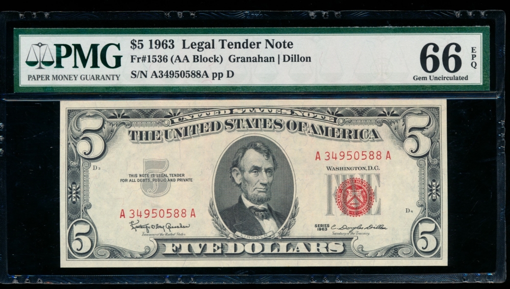 Fr. 1536 1963 $5  Legal Tender AA block PMG 66EPQ A34950588A