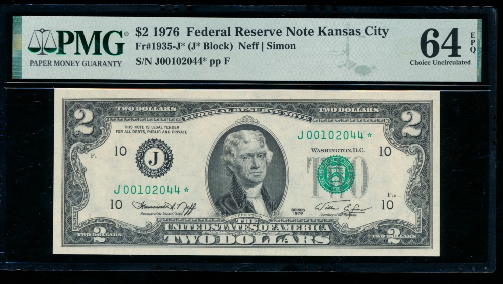 Fr. 1935-J 1976 $2  Federal Reserve Note Kansas City star PMG 64EPQ J00102044*