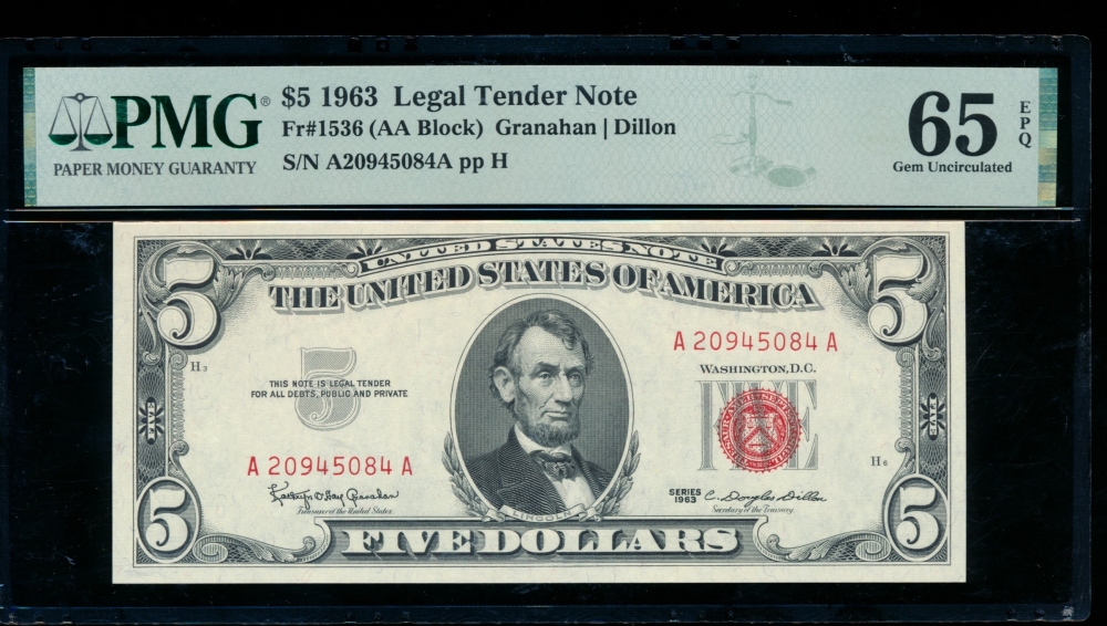 Fr. 1536 1963 $5  Legal Tender AA block PMG 65EPQ A20945084A