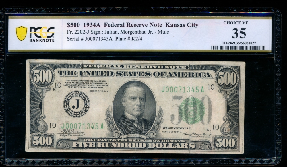 Fr. 2202-J 1934A $500  Federal Reserve Note Kansas City PCGS 35 comment J00071345A