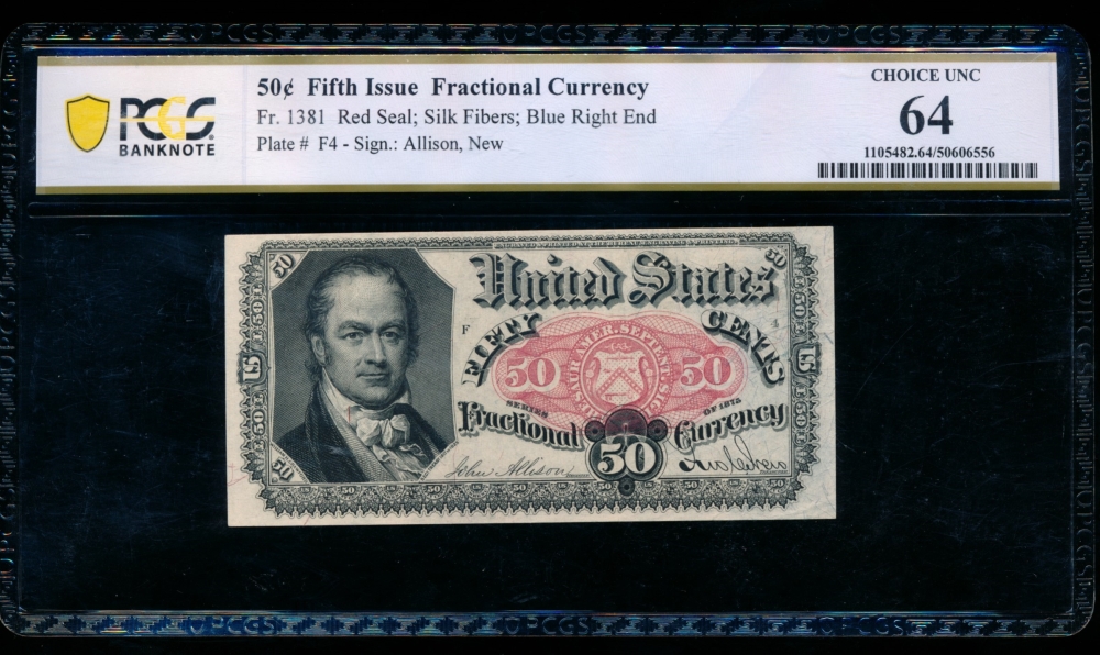 Fr. 1381  $0.50  Fractional Fifth Issue: Blue Right End PCGS 64 no serial number