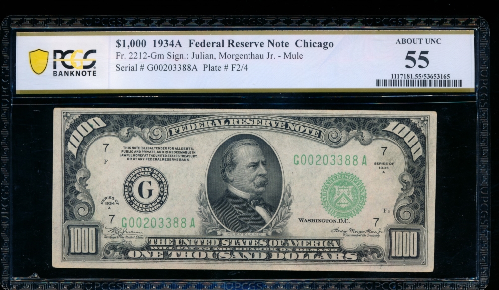 Fr. 2212-G 1934A $1,000  Federal Reserve Note Chicago PCGS 55 G00203388A
