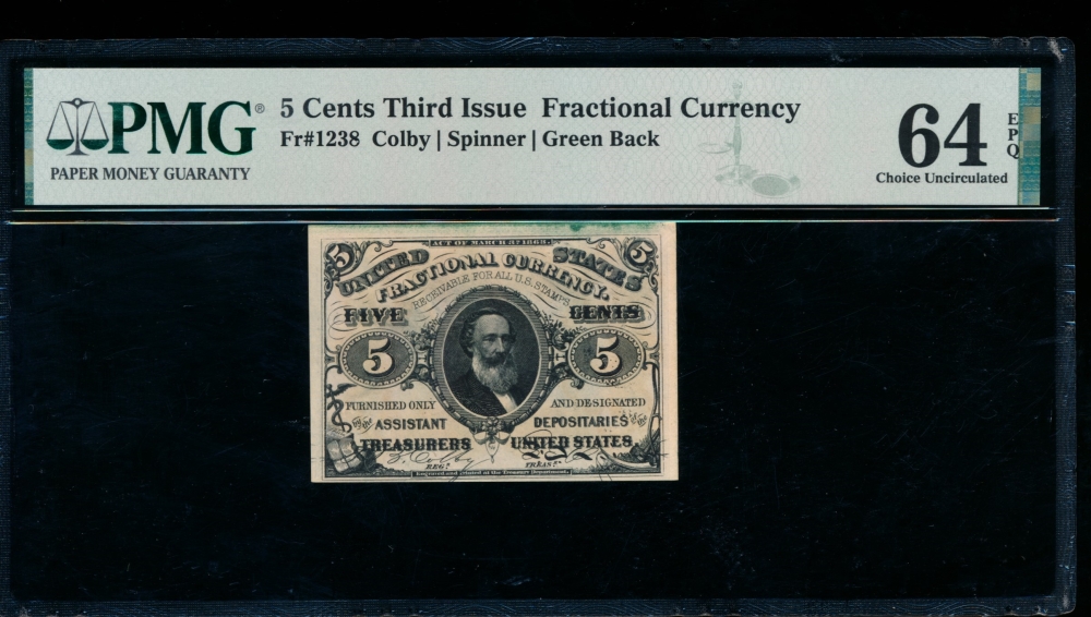 Fr. 1238  $0.05  Fractional Third Issue: Green Back PMG 64EPQ no serial number