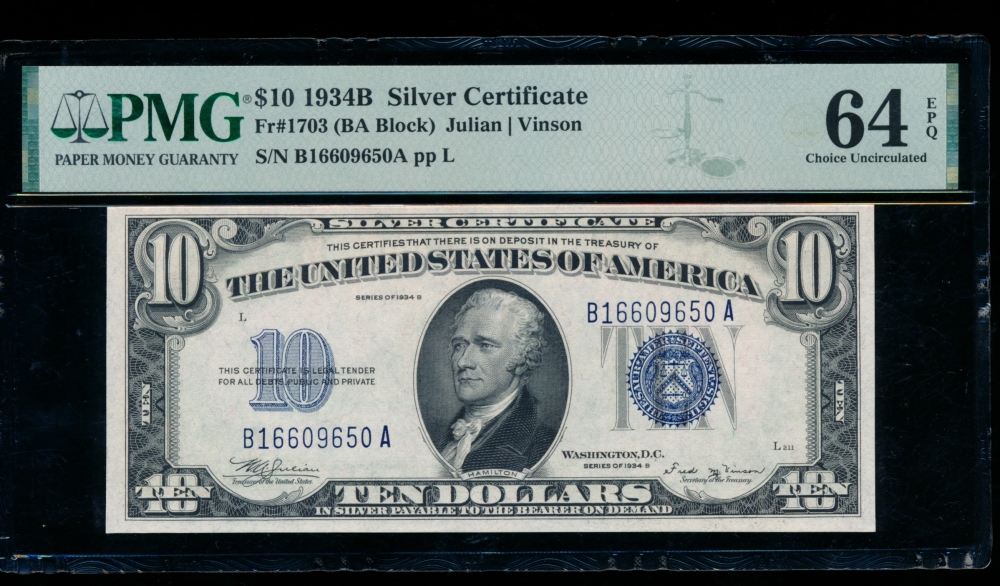 Fr. 1703 1934B $10  Silver Certificate  PMG 64EPQ B16609650A