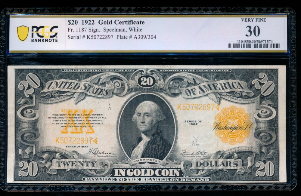 Fr. 1187 1922 $20  Gold Certificate  PCGS 30 K50722897