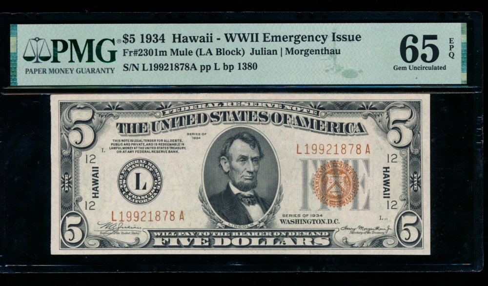 Fr. 2301 1934 $5  Hawaii mule PMG 65EPQ L19921878A