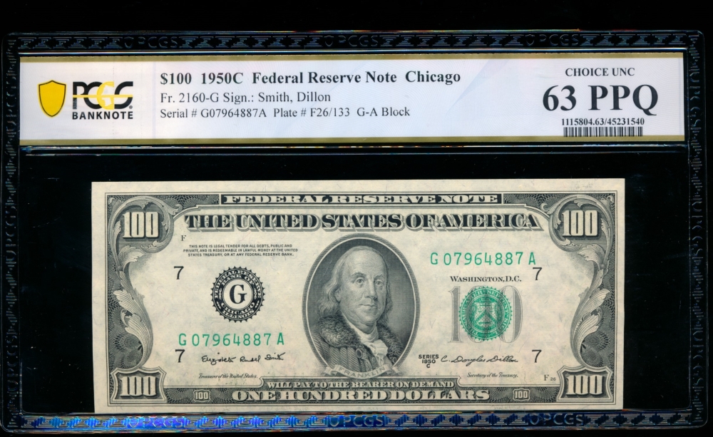 Fr. 2160-G 1950C $100  Federal Reserve Note Chicago PCGS 63PPQ G07964887A