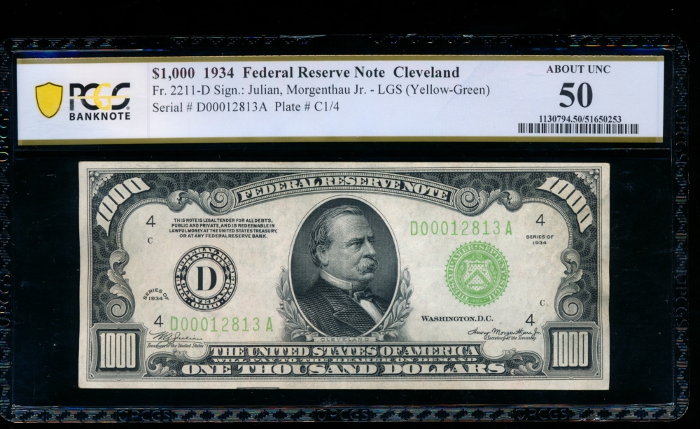 Fr. 2211-D 1934 $1,000  Federal Reserve Note Cleveland LGS PCGS 50 D00012813A