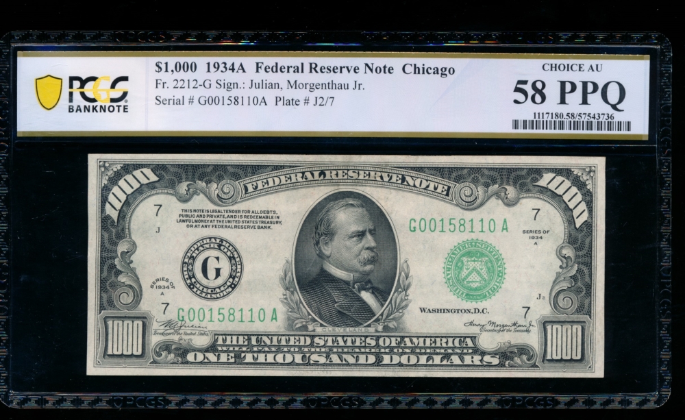 Fr. 2212-G 1934A $1,000  Federal Reserve Note Chicago PCGS 58PPQ G00158110A