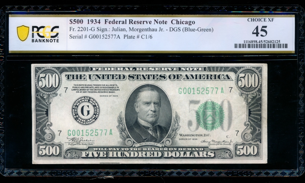 Fr. 2201-G 1934 $500  Federal Reserve Note Chicago PCGS 45 G00152577A