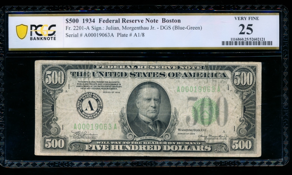 Fr. 2201-A 1934 $500  Federal Reserve Note Boston PCGS 25 comment A00019063A