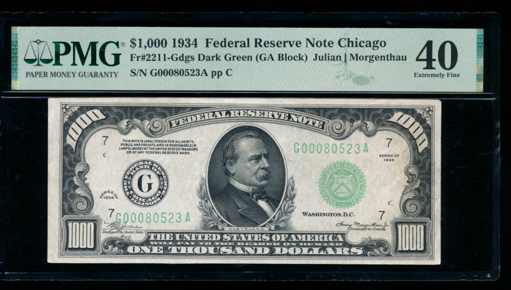 Fr. 2211-G 1934 $1,000  Federal Reserve Note Chicago PMG 40 comment G00080523A