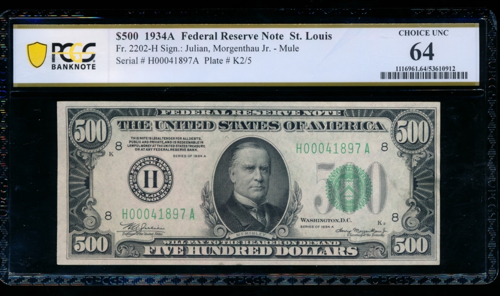 Fr. 2202-H 1934A $500  Federal Reserve Note Saint Louis PCGS 64 comment H00041897A