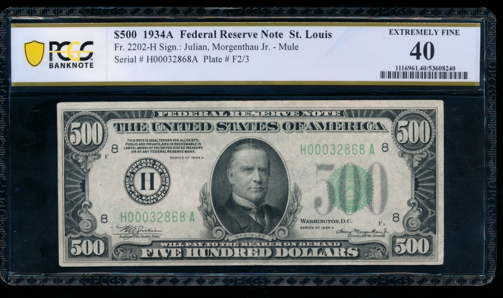 Fr. 2202-H 1934A $500  Federal Reserve Note Saint Louis PCGS 40 comment H00032868A
