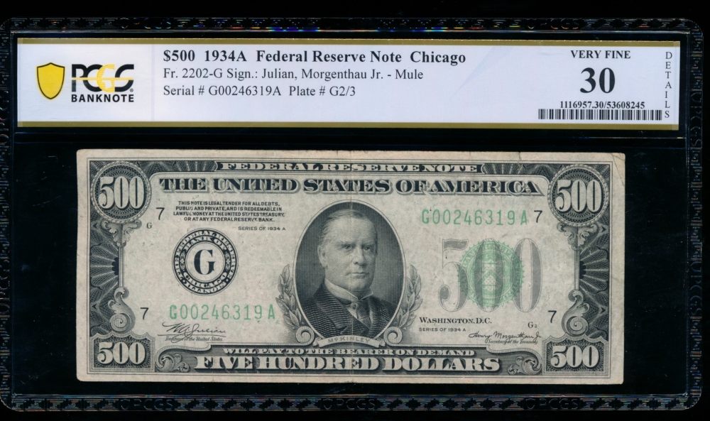 Fr. 2202-G 1934A $500  Federal Reserve Note Chicago PCGS 30 details G00246319A