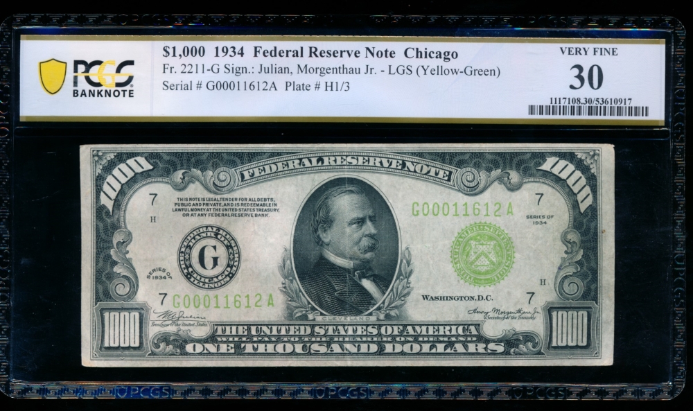 Fr. 2211-G 1934 $1,000  Federal Reserve Note Chicago LGS PCGS 30 G00011612A