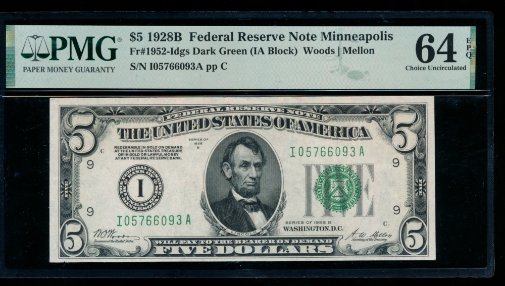 Fr. 1952-I 1928B $5  Federal Reserve Note Minneapolis PMG 64EPQ I05766093A