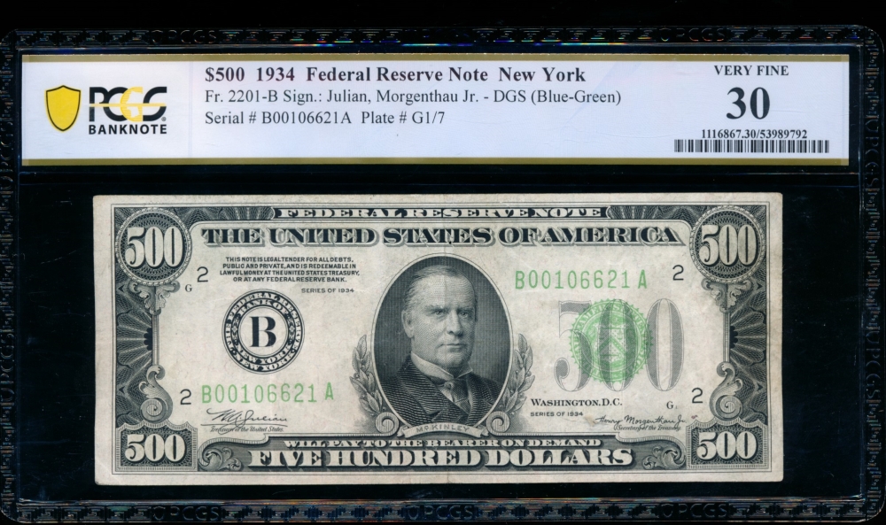 Fr. 2201-B 1934 $500  Federal Reserve Note New York PCGS 30 comment B00106621A
