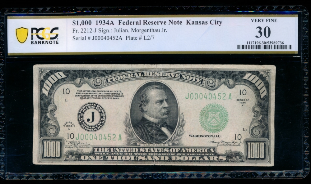 Fr. 2212-J 1934A $1,000  Federal Reserve Note Kansas City PCGS 30 J00040452A