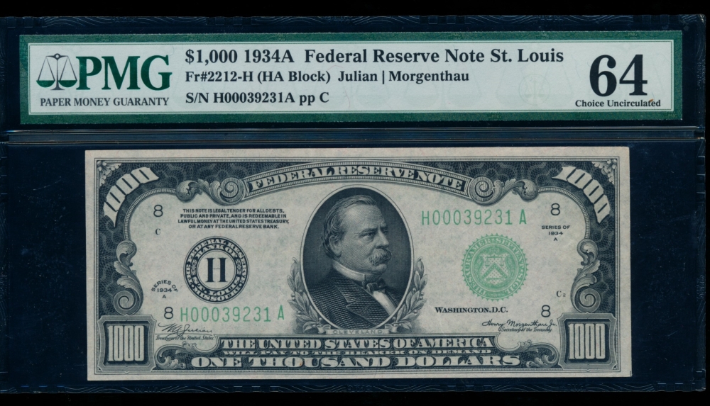 Fr. 2212-H 1934A $1,000  Federal Reserve Note Saint Louis PMG 64 H00039231A